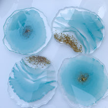 Load image into Gallery viewer, Front light blue handmade unique one of a kind resin coasters for holiday gift, gift for her, drink coaster, light blue flower resin coasters