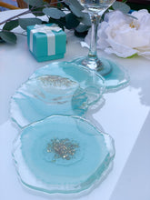 Load image into Gallery viewer, light blue handmade unique one of a kind resin coasters for holiday gift, gift for her, drink coaster, light blue flower resin coasters