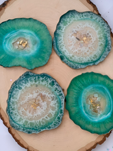 Load image into Gallery viewer, Mistique- Beautiful, unique, one of a kind, handmade turquoise with gold trim resin coaster set of 4 for drink, display. Holiday gift. Gift for her