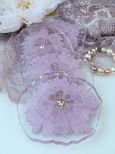 Load image into Gallery viewer, front-Lacey Lilac- unique, one of a kind, handmade light purple flower resin coaster set for drink, display. Holiday gift. Gift for her