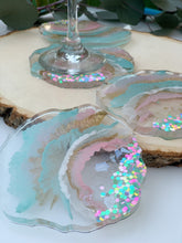 Load image into Gallery viewer, Let's Celebrate- unique, one of a kind, handmade blue pink white gold multiple colorful confetti resin coaster set for drink, display. Holiday gift. Gift for her