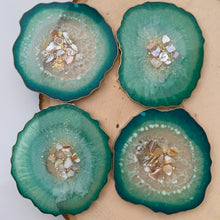 Load image into Gallery viewer, Back-Front-Mistique- Beautiful, unique, one of a kind, handmade turquoise with gold trim resin coaster set of 4 for drink, display. Holiday gift. Gift for her