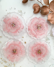 Load image into Gallery viewer, Front-Rosy Cozy- Beautiful, unique, one of a kind, handmade pink flower rose resin coaster set of 4 for drink, display. Holiday gift. Gift for her. Wedding gift. Birthday gift