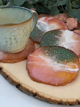 Load image into Gallery viewer, Rosy Cozy- Beautiful, unique, one of a kind, handmade pink flower rose resin coaster set of 4 for drink, display. Holiday gift. Gift for her. Wedding gift. Birthday gift