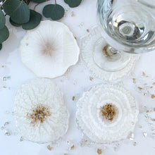 Load image into Gallery viewer, Purity- Beautiful, unique, one of a kind, handmade white pearl and gold resin coaster set of 4 for drink, display. Holiday gift. Gift for her. Wedding gift. Birthday gift