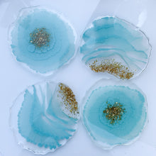 Load image into Gallery viewer, light blue handmade unique one of a kind resin coasters for holiday gift, gift for her, drink coaster, light blue flower resin coasters