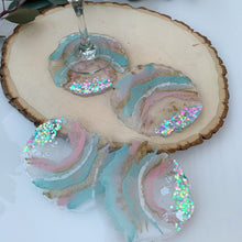 Load image into Gallery viewer, Let's Celebrate- unique, one of a kind, handmade blue pink white gold multiple colorful confetti resin coaster set for drink, display. Holiday gift. Gift for her