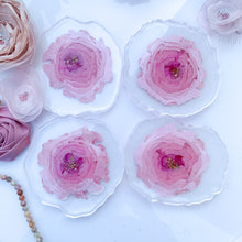 Load image into Gallery viewer, front- Fresh Cut- Fairy Tale- pink unique, one of a kind, handmade flower resin coaster for drink, display. Holiday gift. Gift for her