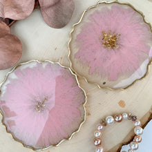 Load image into Gallery viewer, Sweet Pea- handmade unique one of a kind resin coasters set of 2 for holiday gift, gift for her, drink coaster, light dusty pink resin coasters, wedding gift, holiday gift, resin art