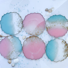 Load image into Gallery viewer, Cotton Candy- pink blue gold unique, one of a kind, handmade resin coaster for drink. Gift for her, table display.