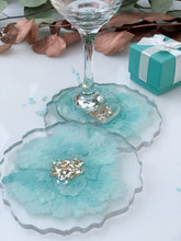 Load image into Gallery viewer, light blue handmade unique one of a kind resin coasters for holiday gift, gift for her, drink coaster, light blue flower resin coasters.