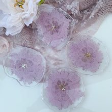 Load image into Gallery viewer, Lacey Lilac- unique, one of a kind, handmade light purple flower resin coaster set for drink, display. Holiday gift. Gift for her