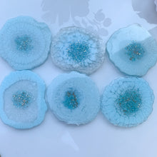 Load image into Gallery viewer, back- Front-Mistique- Beautiful, unique, one of a kind, handmade turquoise with gold trim resin coaster set off 4 for drink, display. Holiday gift. Gift for her