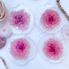 Load image into Gallery viewer, back-Fresh Cut- Fairy Tale- pink unique, one of a kind, handmade flower resin coaster for drink, display. Holiday gift. Gift for her