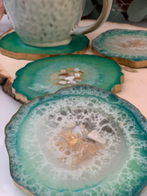 Load image into Gallery viewer, Front-Mistique- Beautiful, unique, one of a kind, handmade turquoise with gold trim resin coaster set of 4 for drink, display. Holiday gift. Gift for her