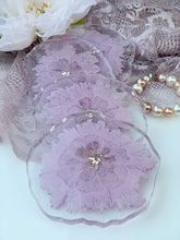 Load image into Gallery viewer, front-Lacey Lilac- unique, one of a kind, handmade light purple flower resin coaster set for drink, display. Holiday gift. Gift for her
