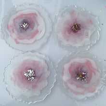 Load image into Gallery viewer, front-Sweet Peonies- handmade unique one of a kind Rose flower resin coasters set of 4 for holiday gift, gift for her, drink coaster, light dusty pink resin coasters, wedding gift, holiday gift, resin art
