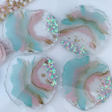 Load image into Gallery viewer, Let&#39;s Celebrate- unique, one of a kind, handmade blue pink white gold multiple colorful confetti resin coaster set for drink, display. Holiday gift. Gift for her
