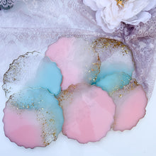 Load image into Gallery viewer, Cotton Candy- pink blue gold unique, one of a kind, handmade resin coaster for drink. Gift for her, table display.
