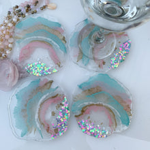 Load image into Gallery viewer, Let&#39;s Celebrate- unique, one of a kind, handmade blue pink white gold multiple colorful confetti resin coaster set for drink, display. Holiday gift. Gift for her
