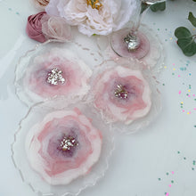 Load image into Gallery viewer, front-Sweet Peonies- handmade unique one of a kind Rose flower resin coasters set of 4 for holiday gift, gift for her, drink coaster, light dusty pink resin coasters, wedding gift, holiday gift, resin art
