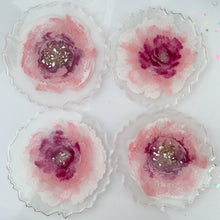 Load image into Gallery viewer, back-Sweet Peonies- handmade unique one of a kind Rose flower resin coasters set of 4 for holiday gift, gift for her, drink coaster, light dusty pink resin coasters, wedding gift, holiday gift, resin art
