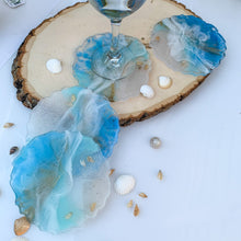 Load image into Gallery viewer, I Sea You- Ocean wave seashells unique, one of a kind, handmade  resin coaster set for drink, display. Holiday gift. Gift for her
