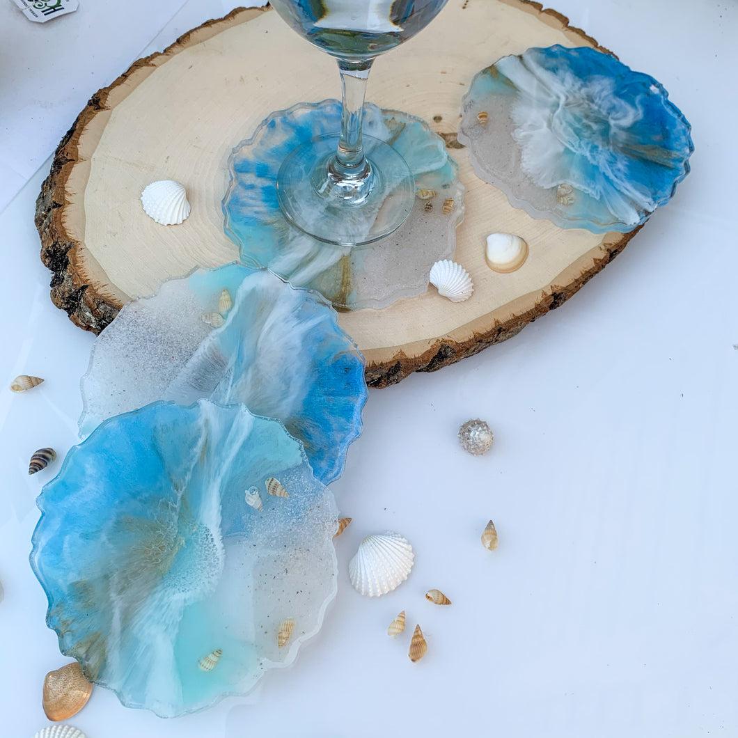 I Sea You- Ocean wave seashells unique, one of a kind, handmade  resin coaster set for drink, display. Holiday gift. Gift for her