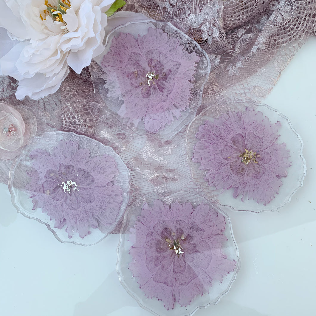 Lacey Lilac- unique, one of a kind, handmade light purple flower resin coaster set for drink, display. Holiday gift. Gift for her