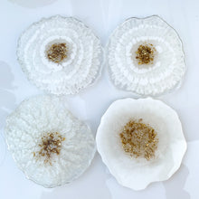 Load image into Gallery viewer, Purity- Beautiful, unique, one of a kind, handmade white pearl and gold resin coaster set of 4 for drink, display. Holiday gift. Gift for her. Wedding gift. Birthday gift
