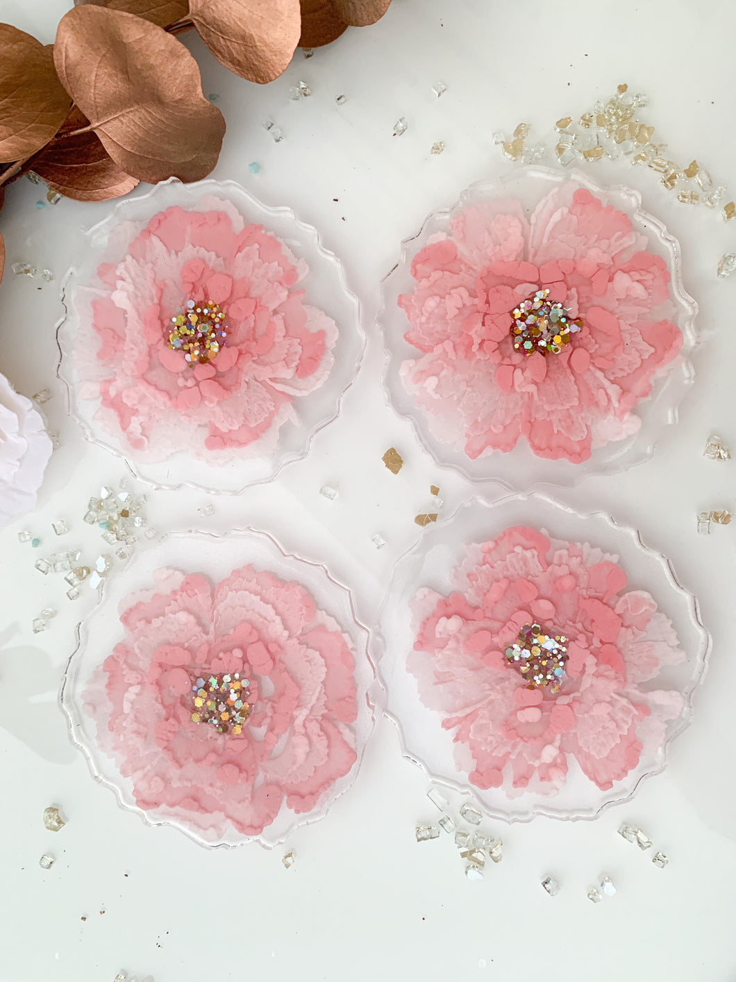 Rosy Cozy- Beautiful, unique, one of a kind, handmade pink flower rose resin coaster set of 4 for drink, display. Holiday gift. Gift for her. Wedding gift. Birthday gift